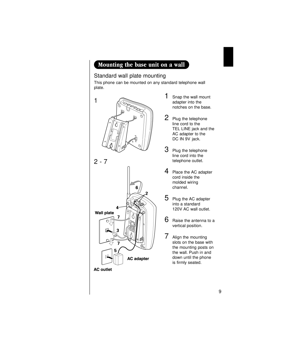 Uniden EXAI 985HS manual Standard wall plate mounting 