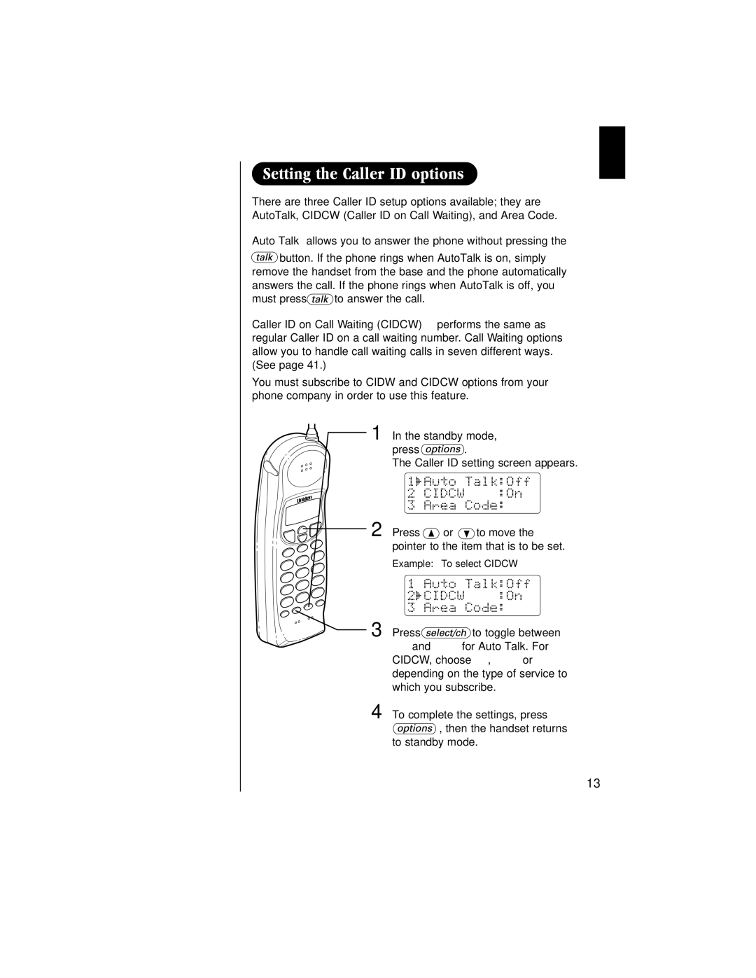 Uniden EXAI 985HS manual Example To select Cidcw 