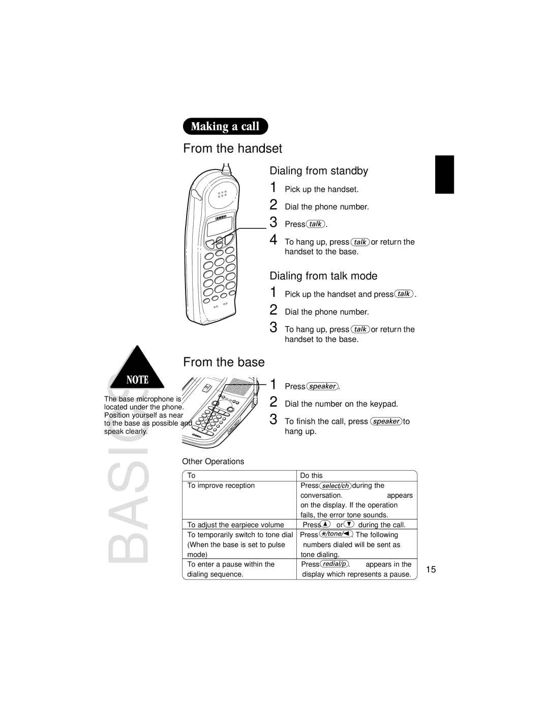 Uniden EXAI 985HS manual From the handset, From the base, Dialing from standby, Dialing from talk mode, Other Operations 