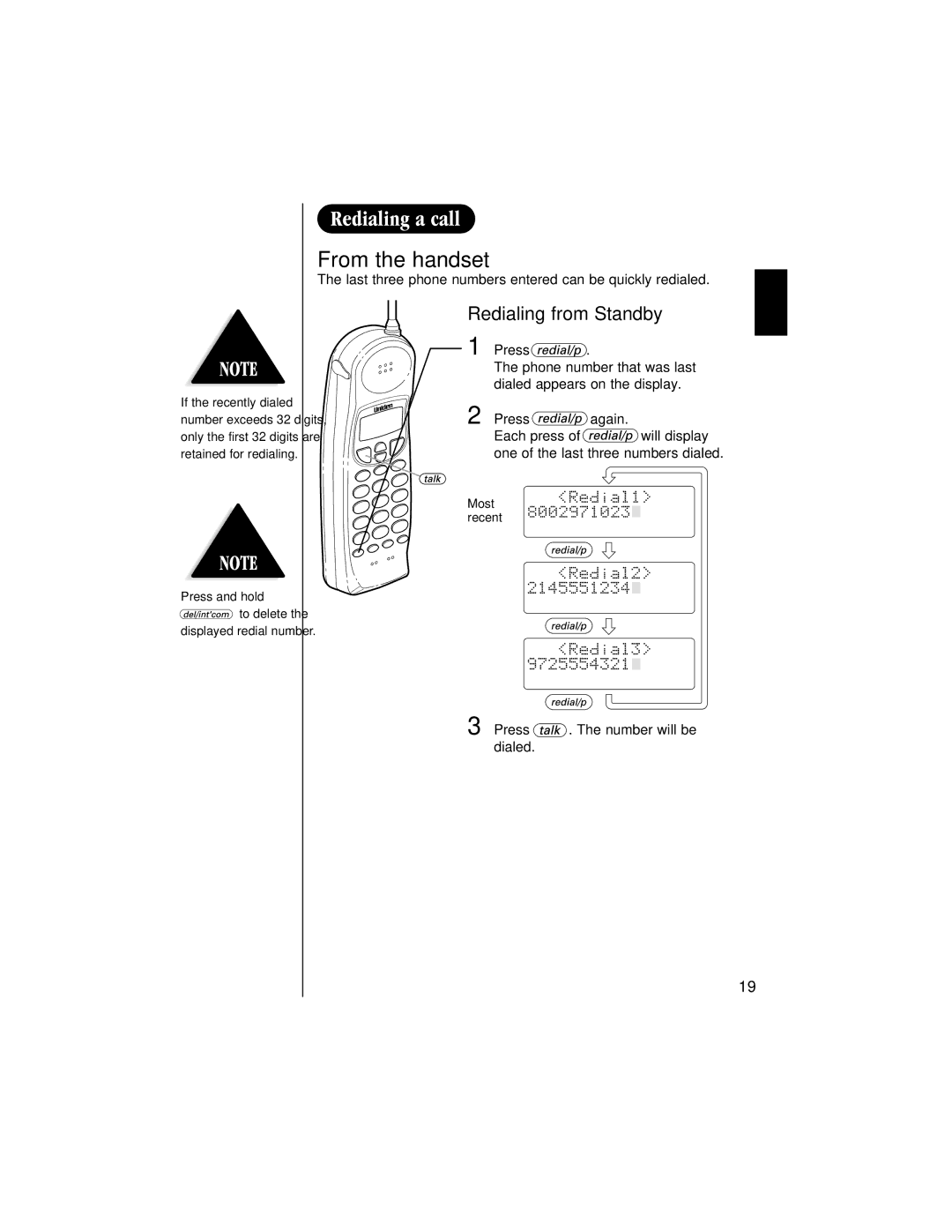 Uniden EXAI 985HS manual From the handset, Redialing from Standby 