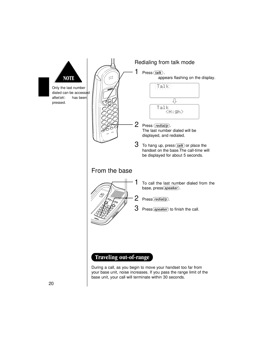 Uniden EXAI 985HS manual From the base, Redialing from talk mode 