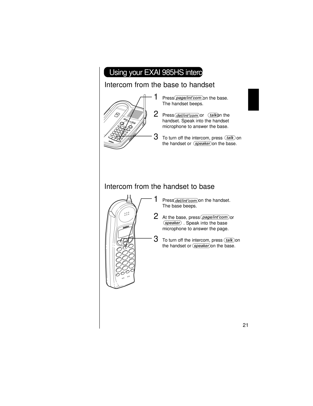 Uniden EXAI 985HS manual Intercom from the base to handset, Intercom from the handset to base 