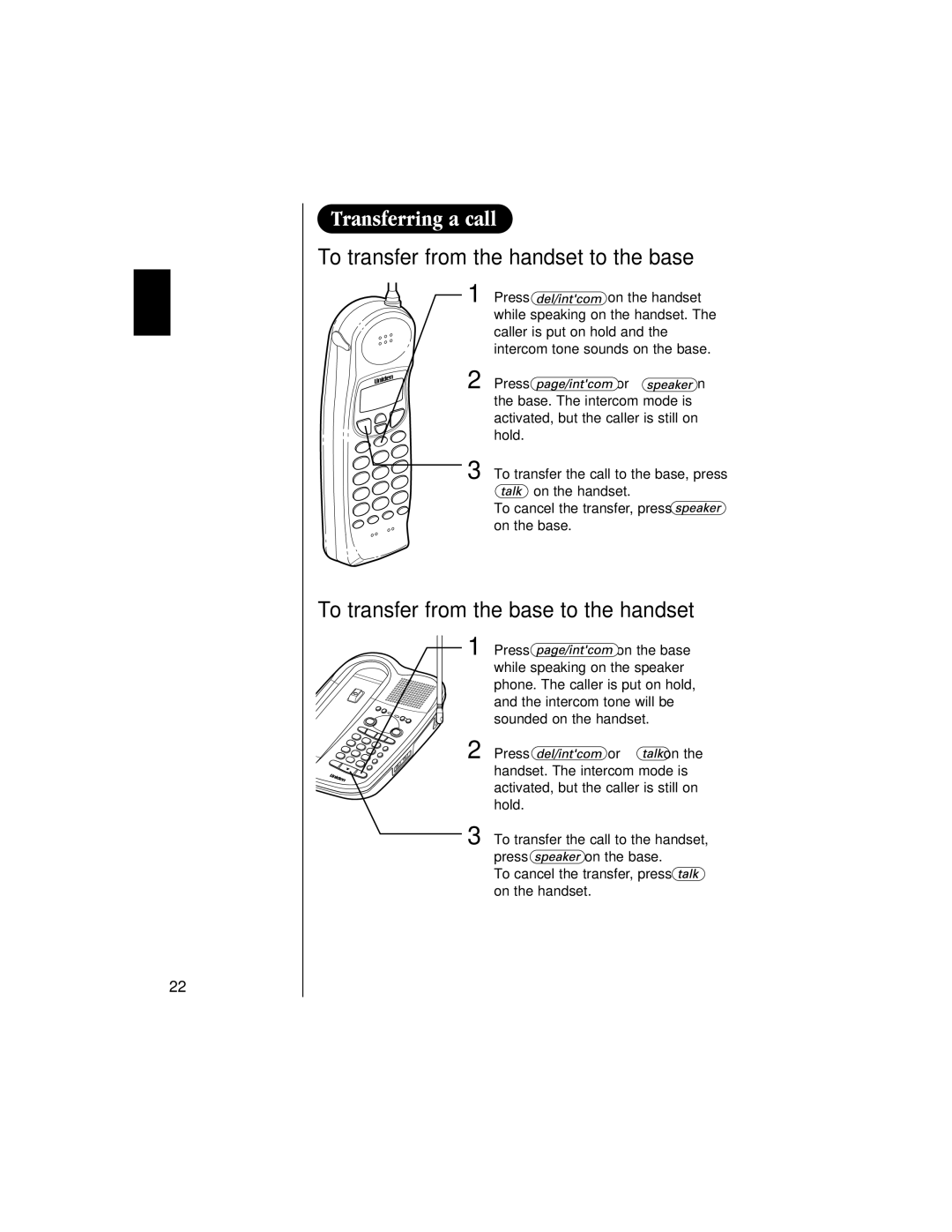 Uniden EXAI 985HS manual To transfer from the handset to the base, To transfer from the base to the handset 