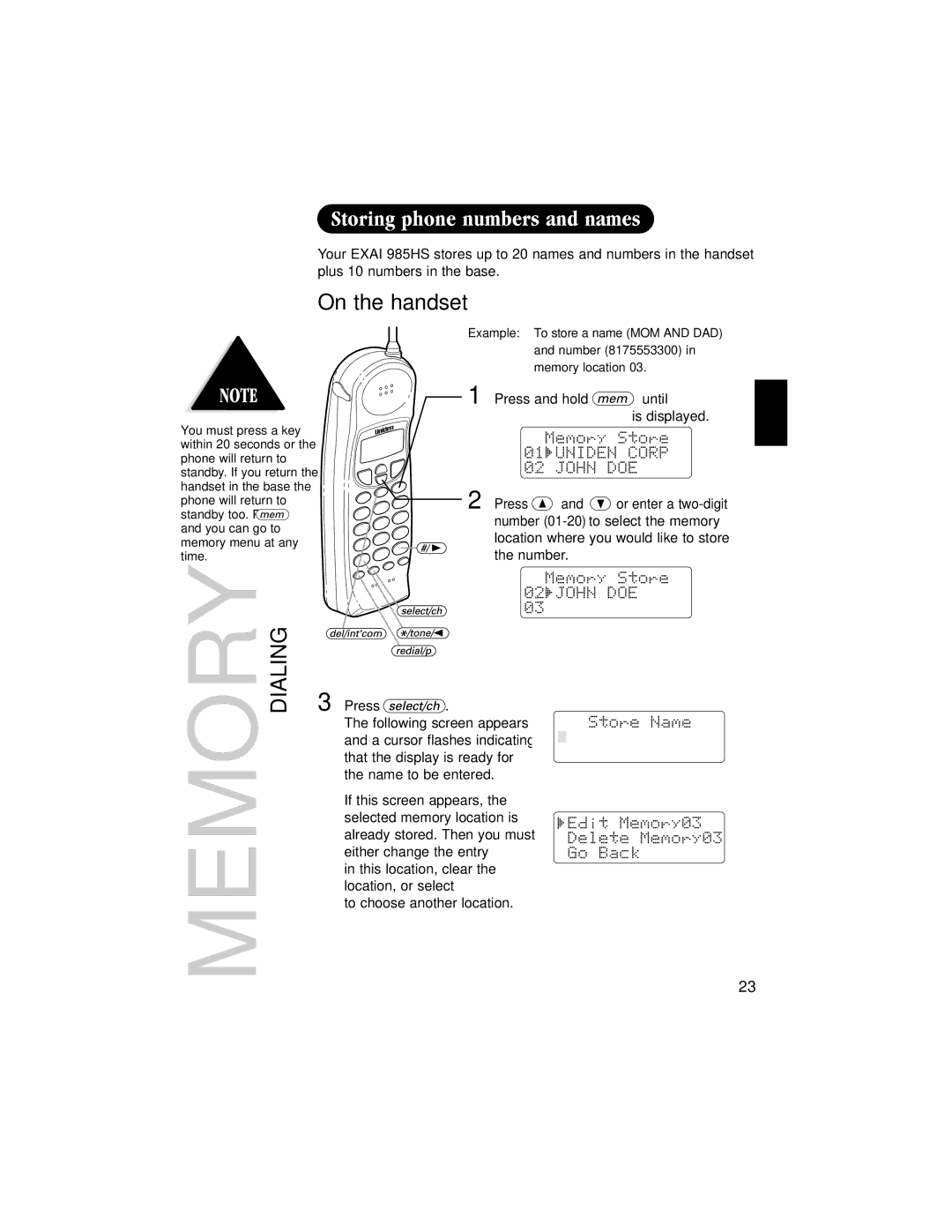 Uniden EXAI 985HS manual Memory Dialing, On the handset 