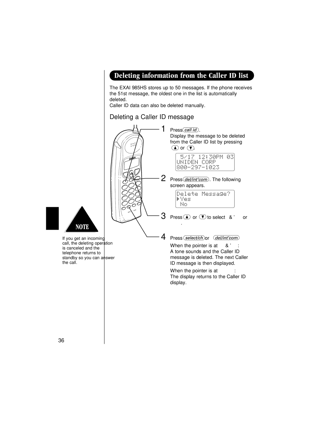 Uniden EXAI 985HS manual Deleting a Caller ID message 