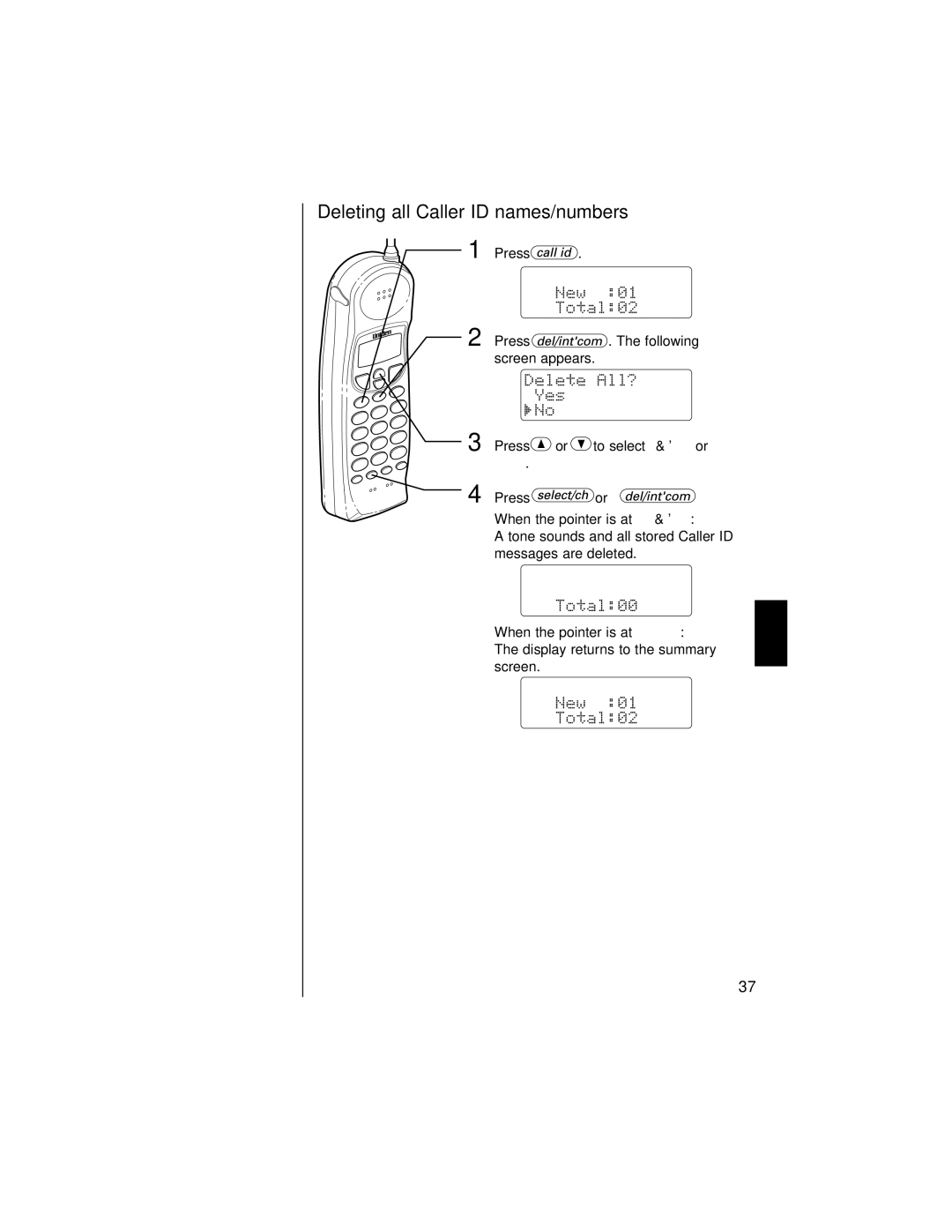 Uniden EXAI 985HS manual Deleting all Caller ID names/numbers, When the pointer is at Yes 