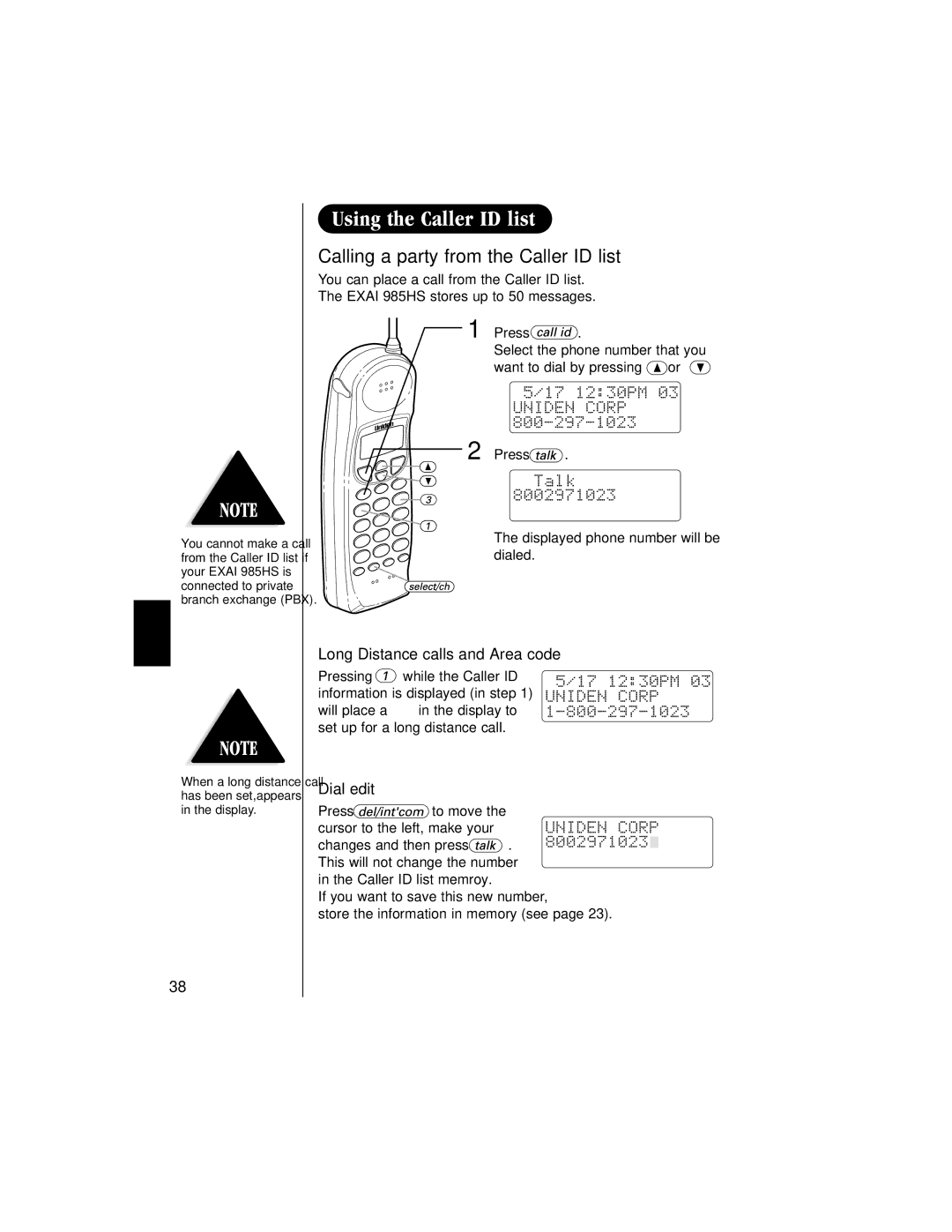 Uniden EXAI 985HS manual Calling a party from the Caller ID list, Long Distance calls and Area code 