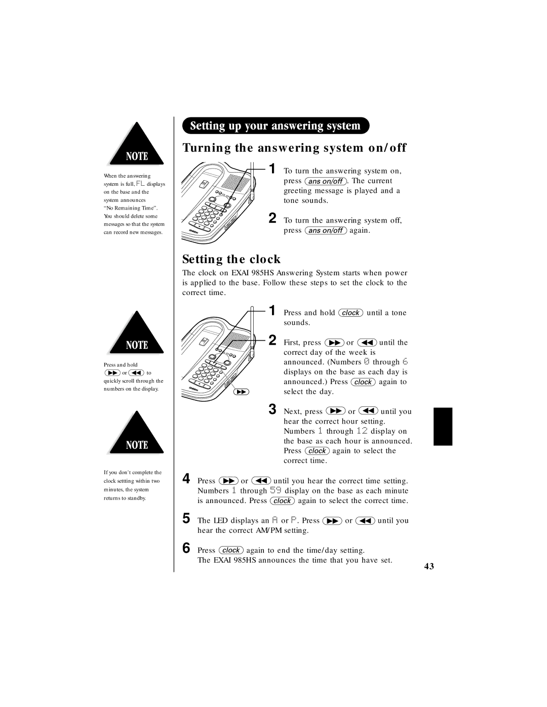 Uniden EXAI 985HS manual Turning the answering system on/off, Setting the clock 