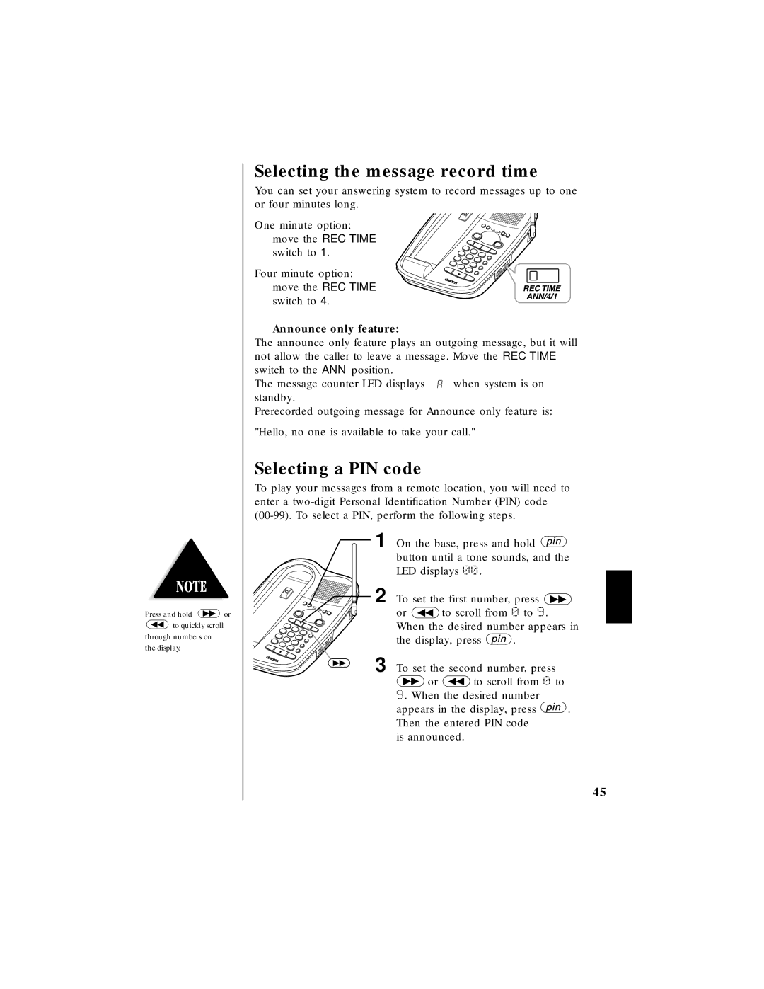 Uniden EXAI 985HS manual Selecting the message record time, Selecting a PIN code, Announce only feature 