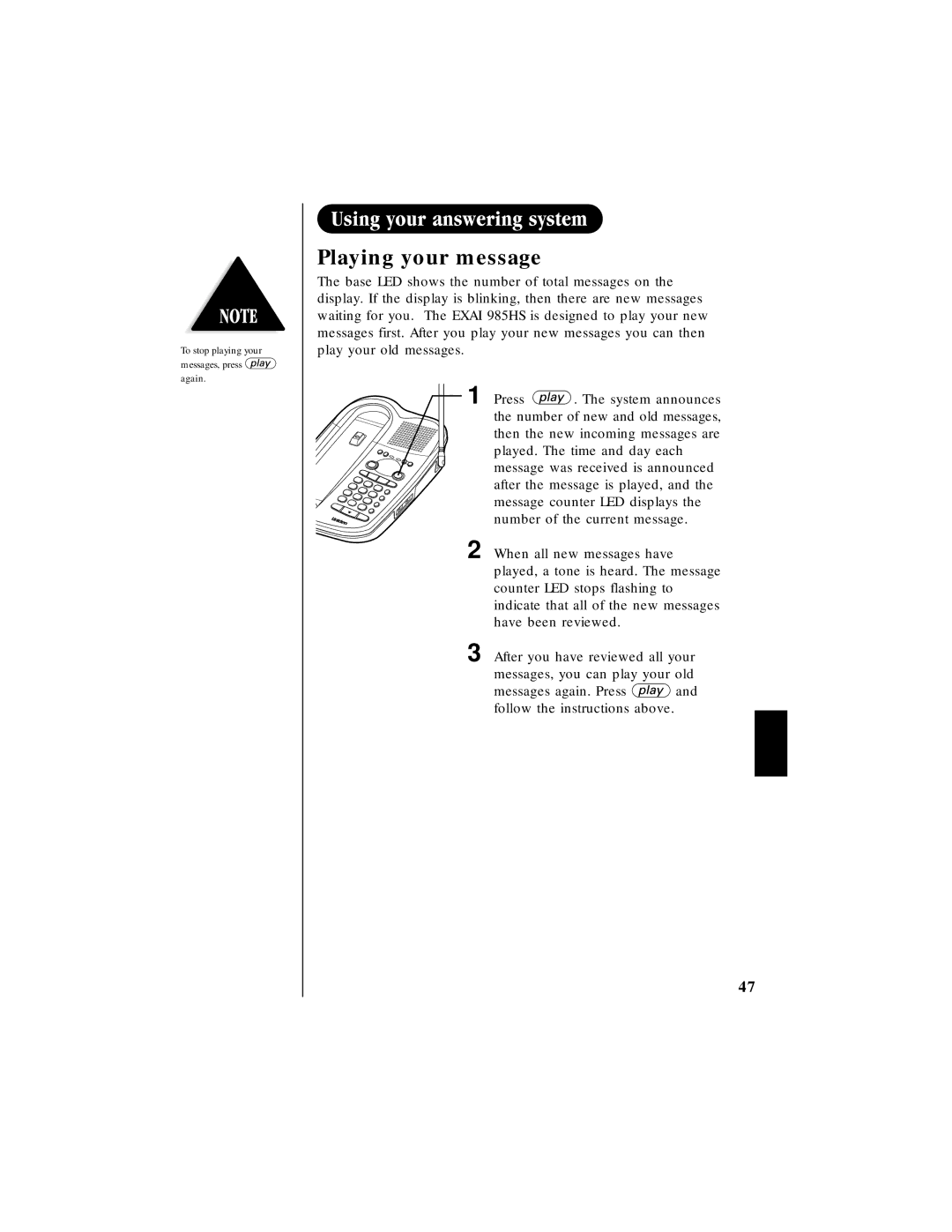 Uniden EXAI 985HS manual Playing your message 