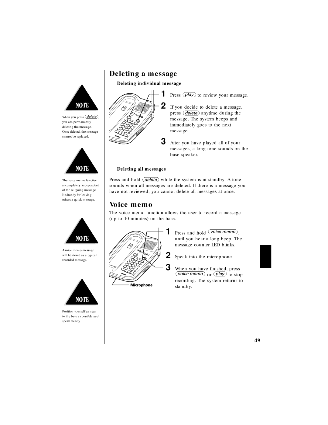 Uniden EXAI 985HS manual Deleting a message, Voice memo, Deleting individual message, Deleting all messages 