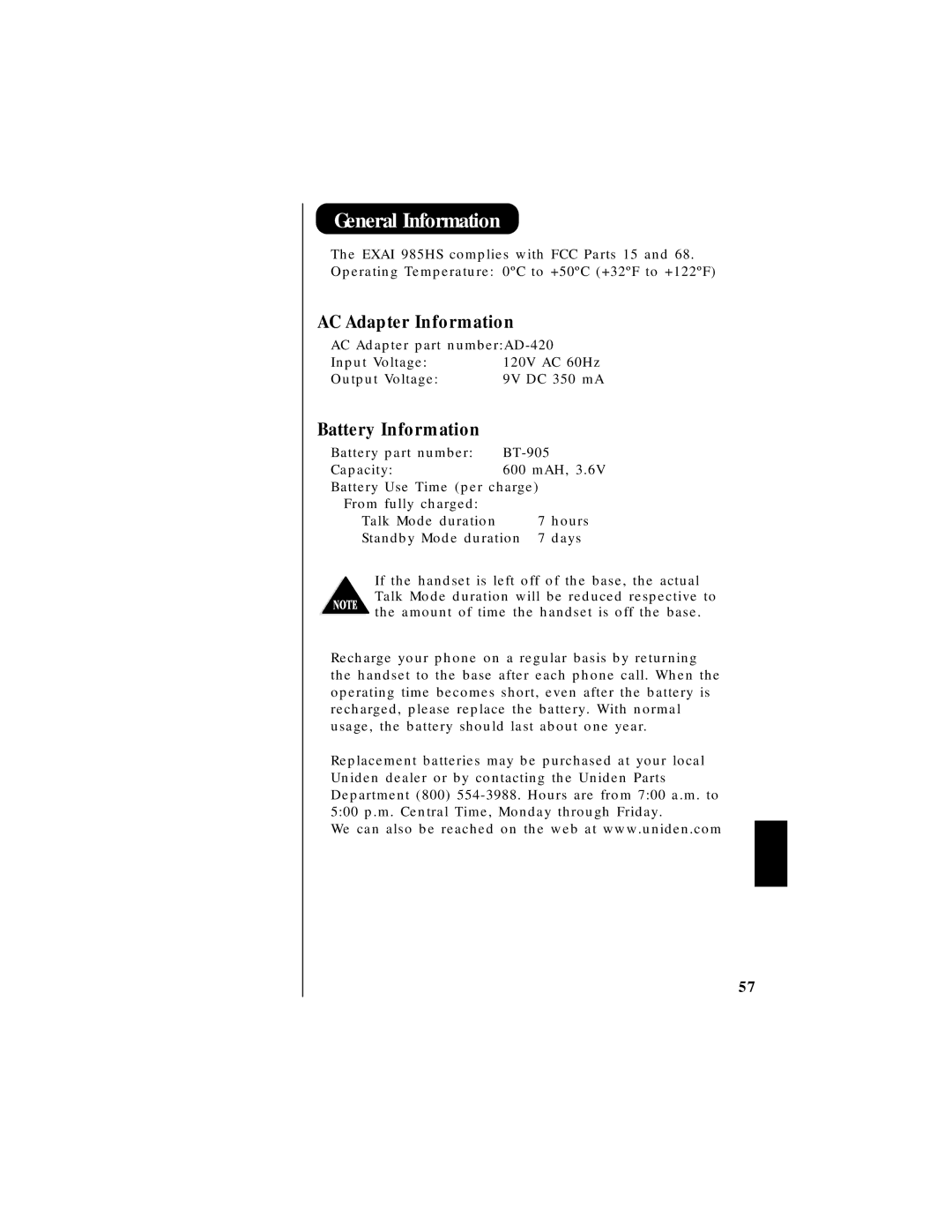 Uniden EXAI 985HS manual AC Adapter Information, Battery Information 