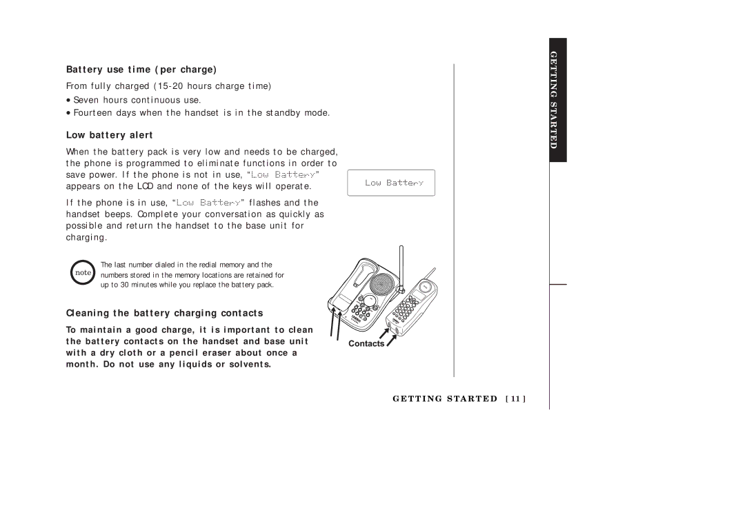 Uniden EXAI2248 series manual Battery use time per charge, Low battery alert, Cleaning the battery charging contacts 