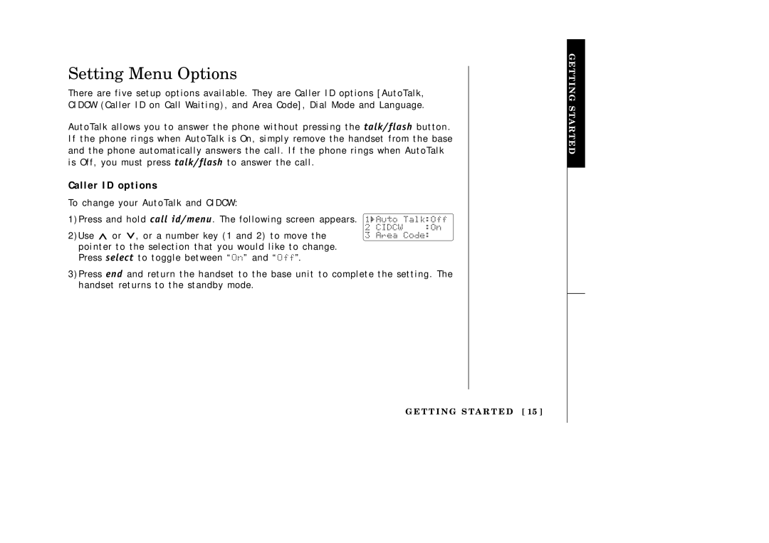 Uniden EXAI2248 series manual Setting Menu Options, Caller ID options 