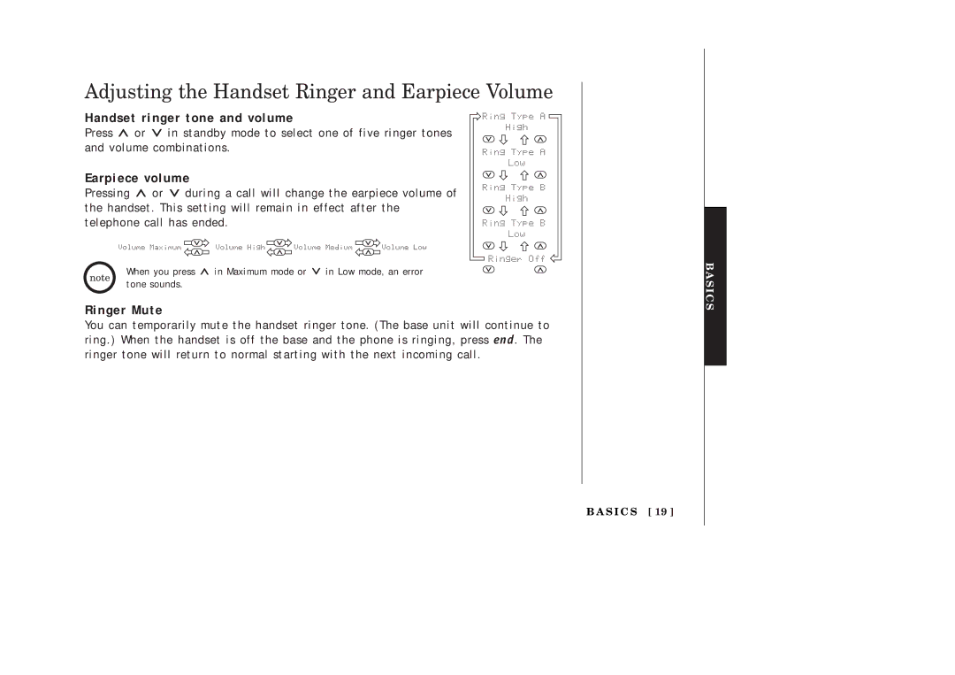 Uniden EXAI2248 series manual Handset ringer tone and volume, Earpiece volume, Ringer Mute 