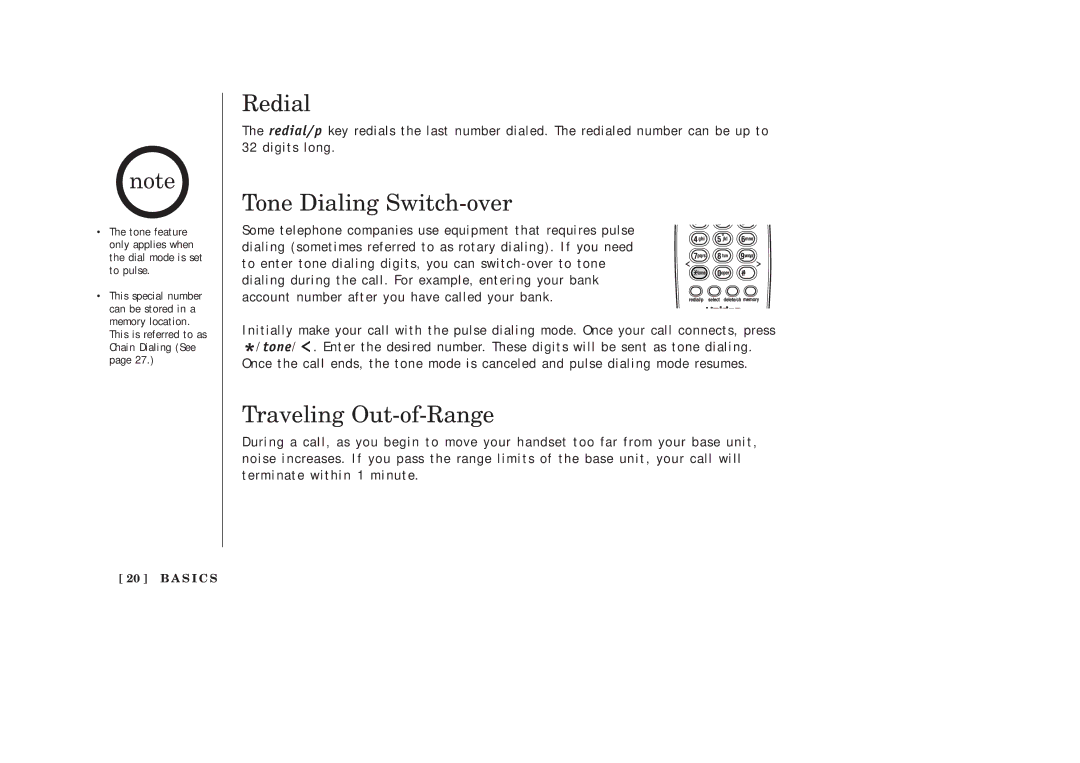 Uniden EXAI2248 series manual Redial, Tone Dialing Switch-over, Traveling Out-of-Range 