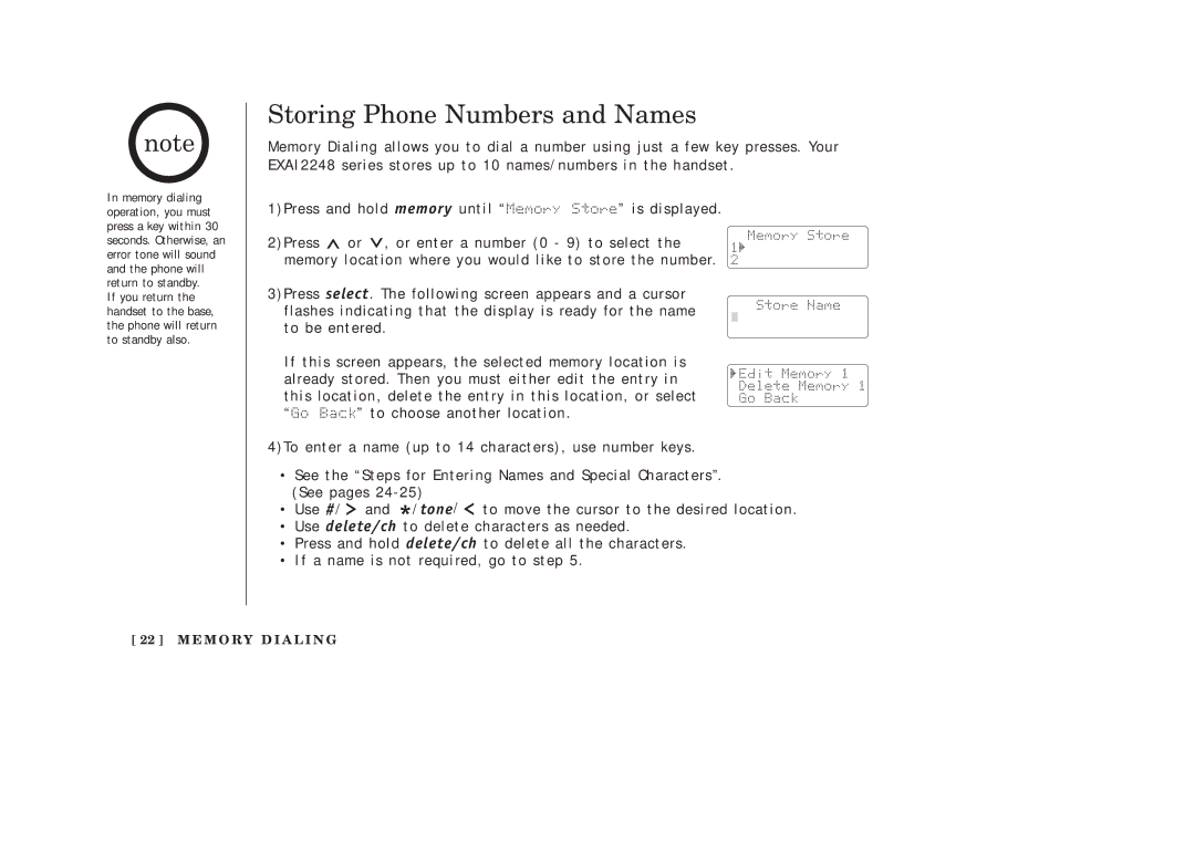 Uniden EXAI2248 series manual Storing Phone Numbers and Names 