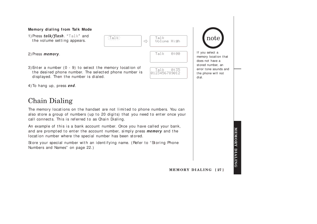 Uniden EXAI2248 series manual Chain Dialing, Memory dialing from Talk Mode 