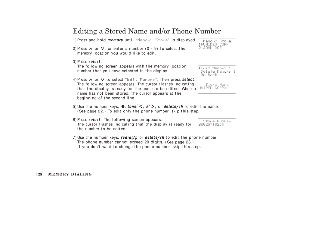 Uniden EXAI2248 series manual Editing a Stored Name and/or Phone Number 