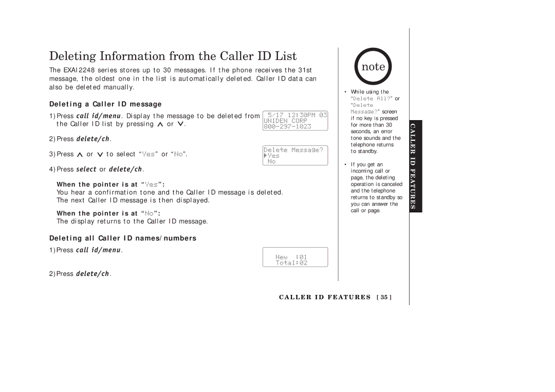 Uniden EXAI2248 series manual Deleting Information from the Caller ID List, Deleting a Caller ID message 