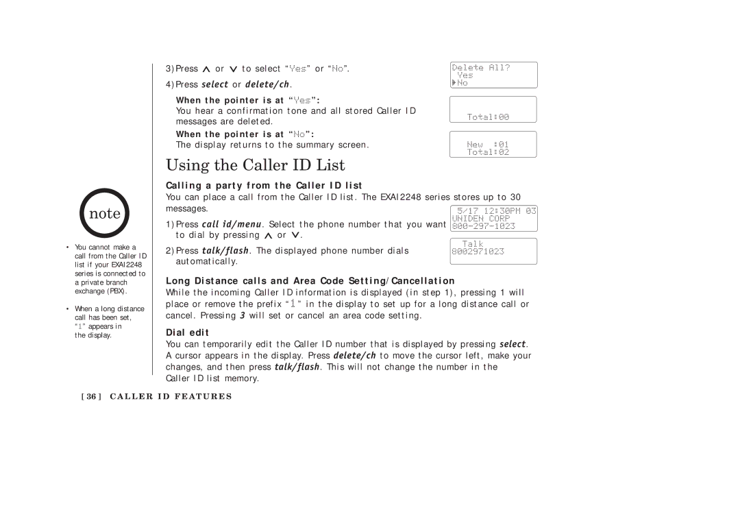 Uniden EXAI2248 series manual Using the Caller ID List, Calling a party from the Caller ID list, Dial edit 