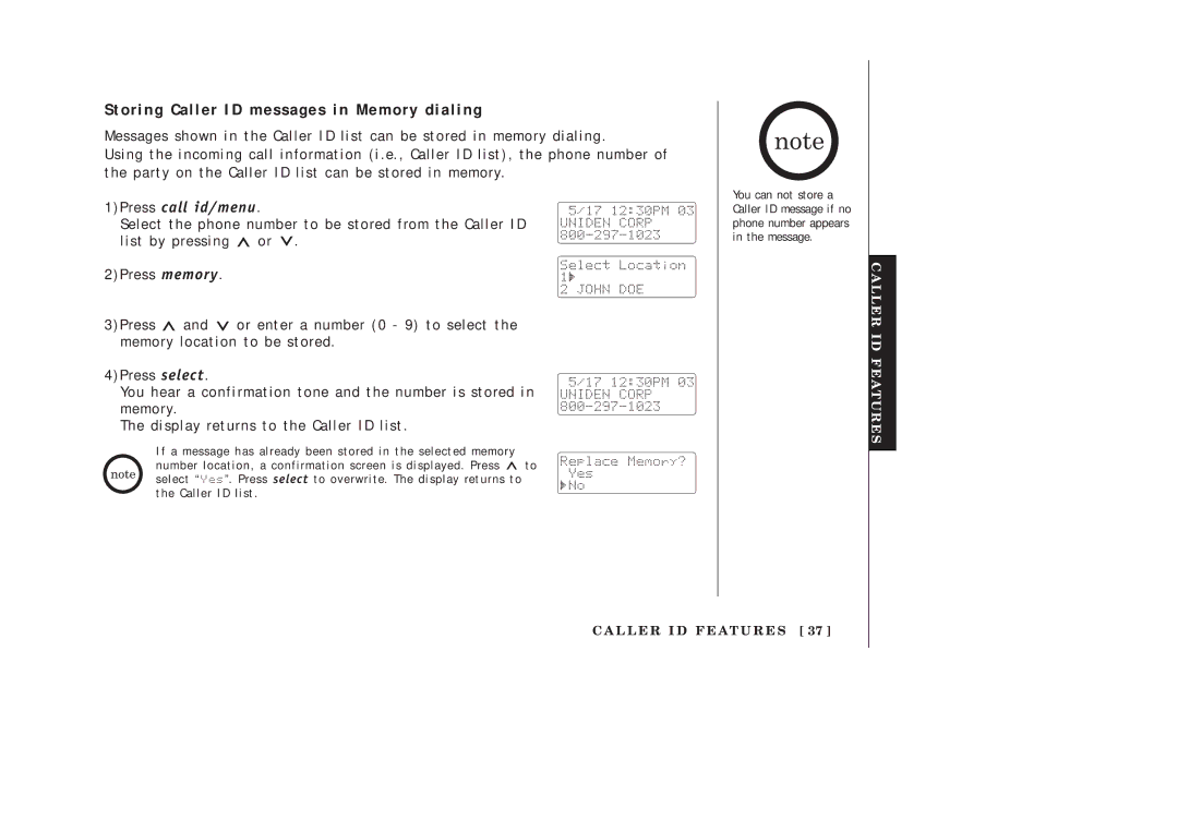 Uniden EXAI2248 series manual Storing Caller ID messages in Memory dialing 