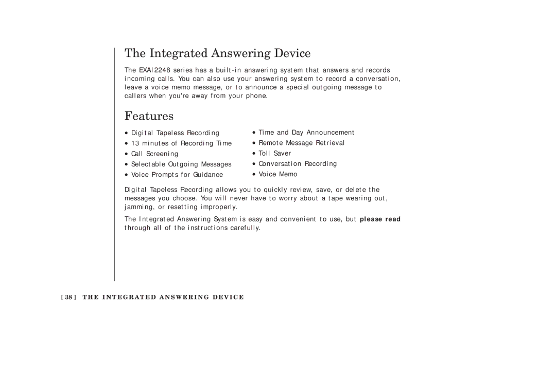 Uniden EXAI2248 series manual Integrated Answering Device, Features 