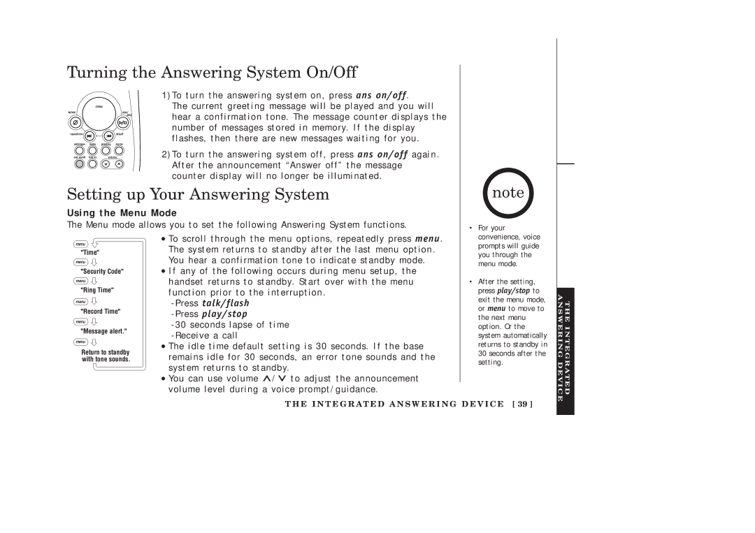 Uniden EXAI2248 series manual Turning the Answering System On/Off, Setting up Your Answering System, Using the Menu Mode 