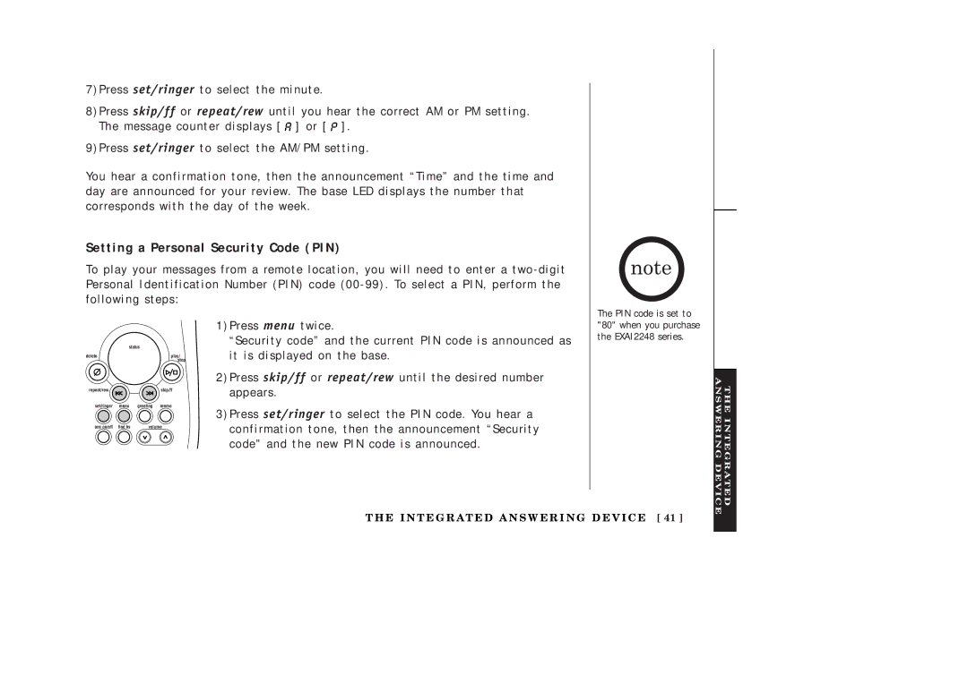 Uniden EXAI2248 series manual Setting a Personal Security Code PIN 