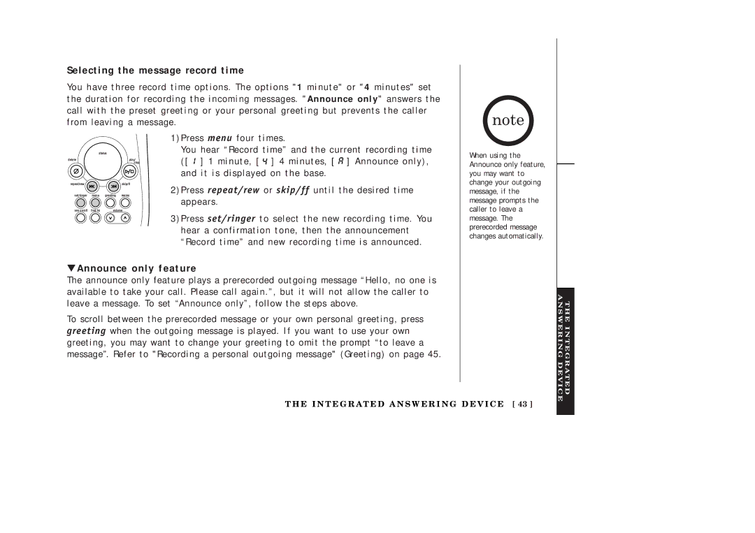 Uniden EXAI2248 series manual Selecting the message record time, Announce only feature 