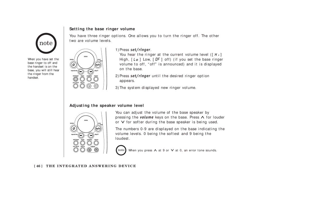 Uniden EXAI2248 series manual Setting the base ringer volume, Adjusting the speaker volume level 