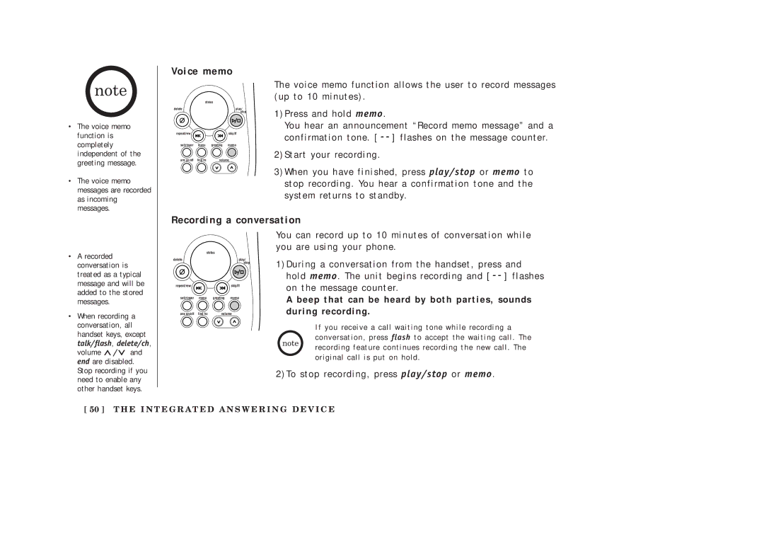 Uniden EXAI2248 series manual Voice memo, Recording a conversation 