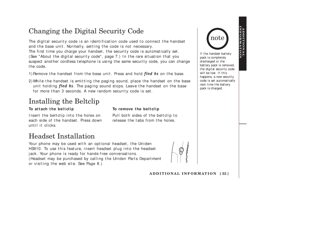 Uniden EXAI2248 series manual Changing the Digital Security Code, Installing the Beltclip, Headset Installation 