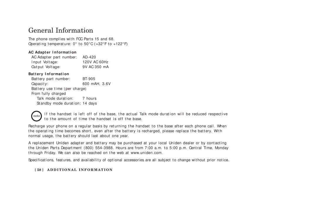 Uniden EXAI2248 series manual General Information, AC Adapter Information, Battery Information 