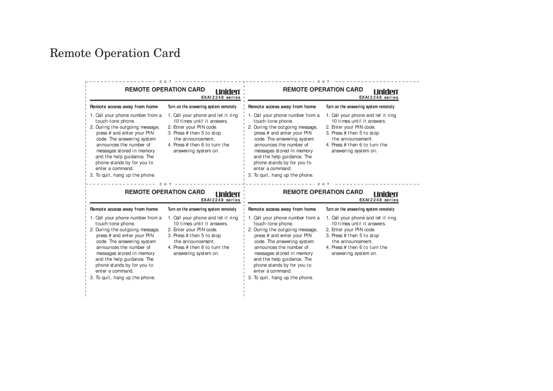 Uniden EXAI2248 series manual Remote Operation Card, Call your phone number from a touch-tone phone 