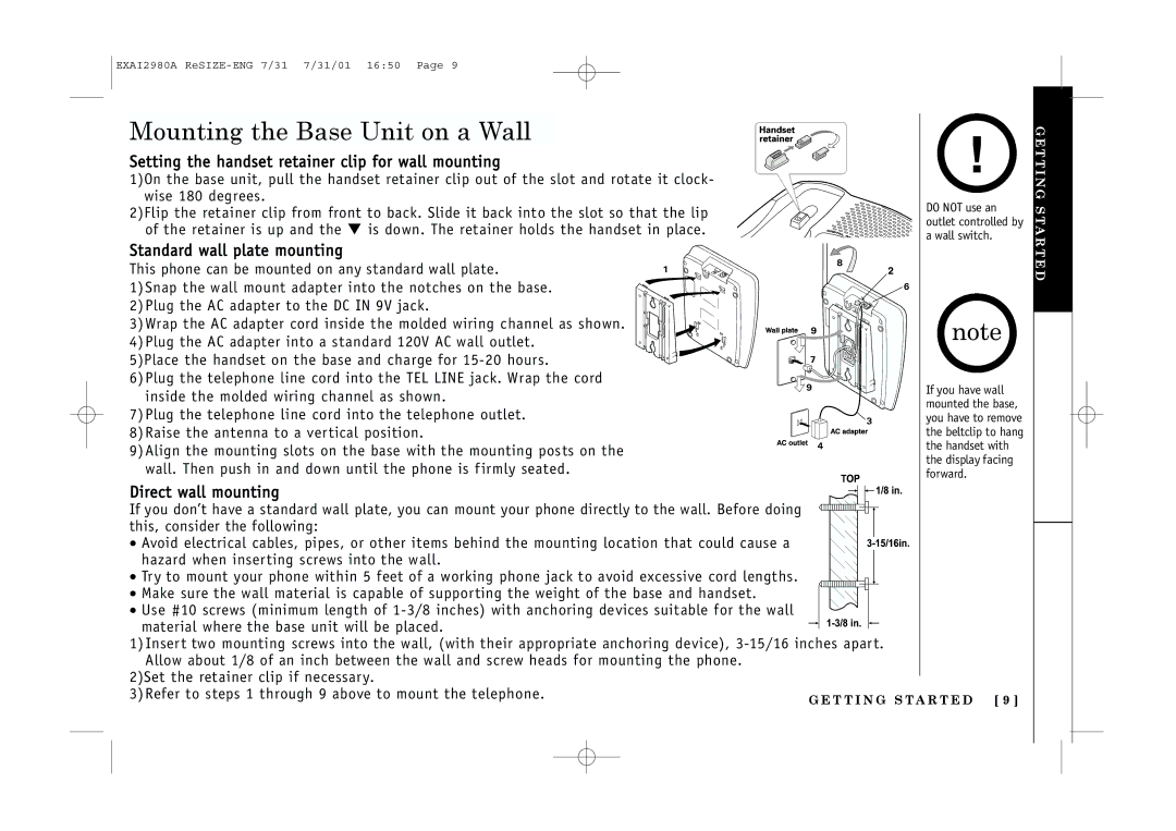 Uniden EXAI2980 owner manual Mounting the Base Unit on a Wall, Setting the handset retainer clip for wall mounting 