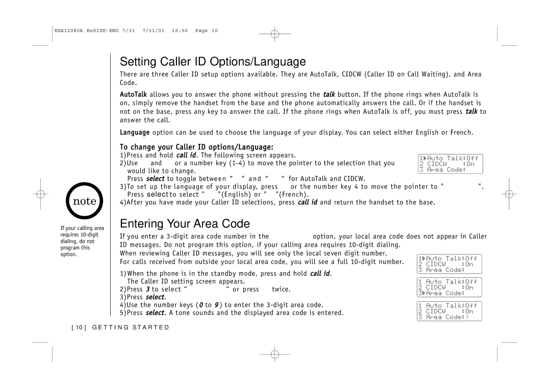 Uniden EXAI2980 Setting Caller ID Options/Language, Entering Your Area Code, To change your Caller ID options/Language 