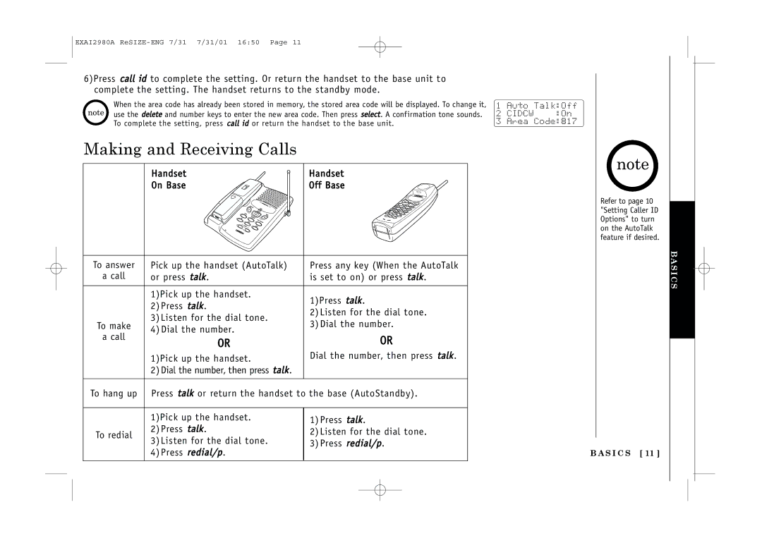 Uniden EXAI2980 owner manual Making and Receiving Calls, Press talk Listen for the dial tone Press redial/p 