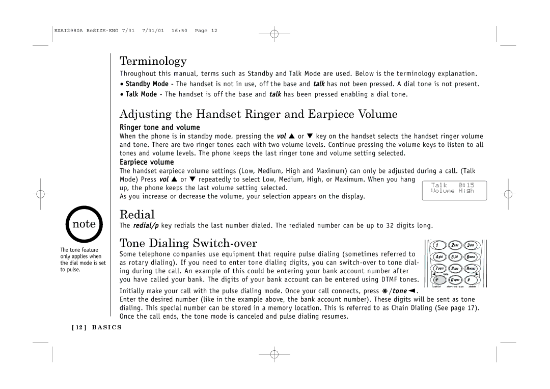 Uniden EXAI2980 Terminology, Adjusting the Handset Ringer and Earpiece Volume, Redial, Tone Dialing Switch-over 