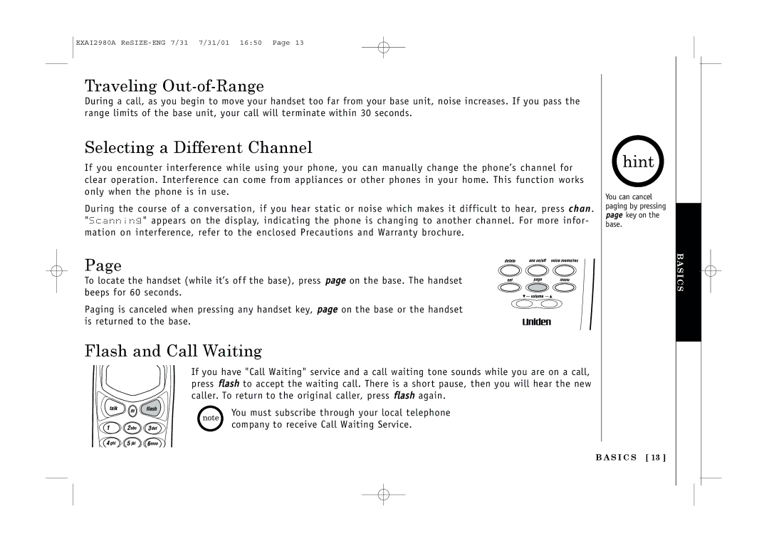 Uniden EXAI2980 owner manual Traveling Out-of-Range, Selecting a Different Channel, Flash and Call Waiting 