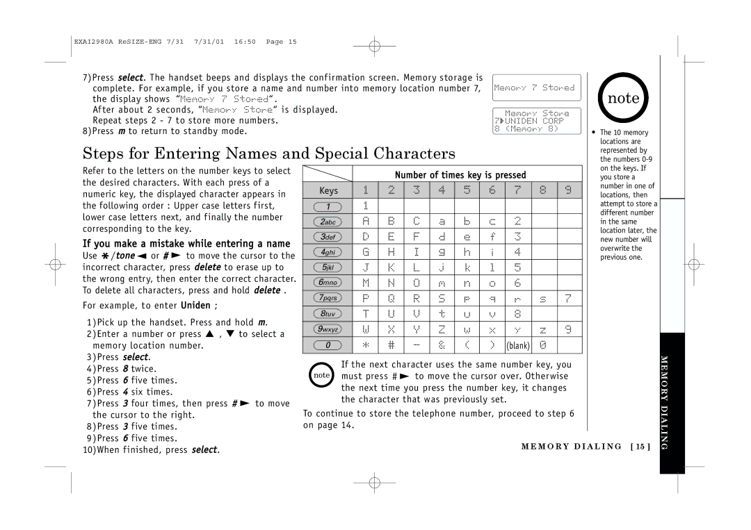 Uniden EXAI2980 owner manual Steps for Entering Names and Special Characters, If you make a mistake while entering a name 