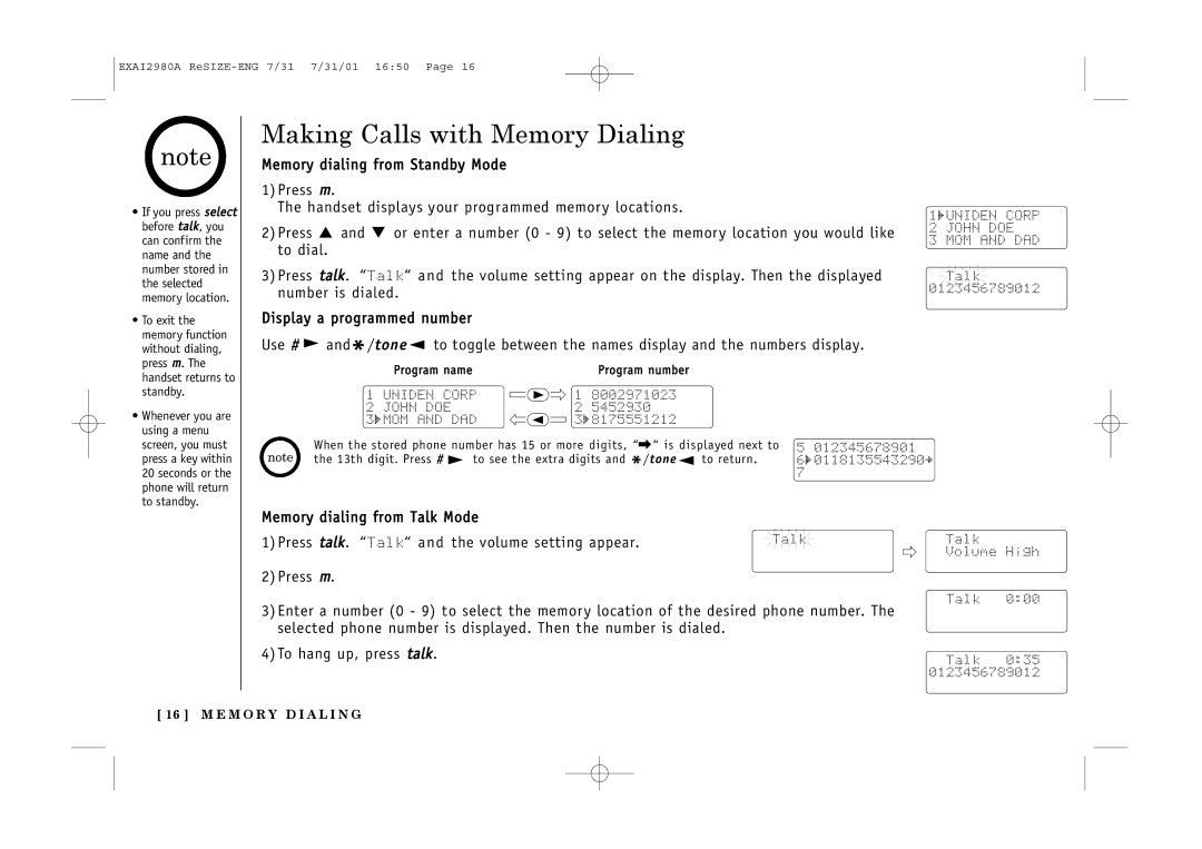 Uniden EXAI2980 owner manual Making Calls with Memory Dialing, Standby 