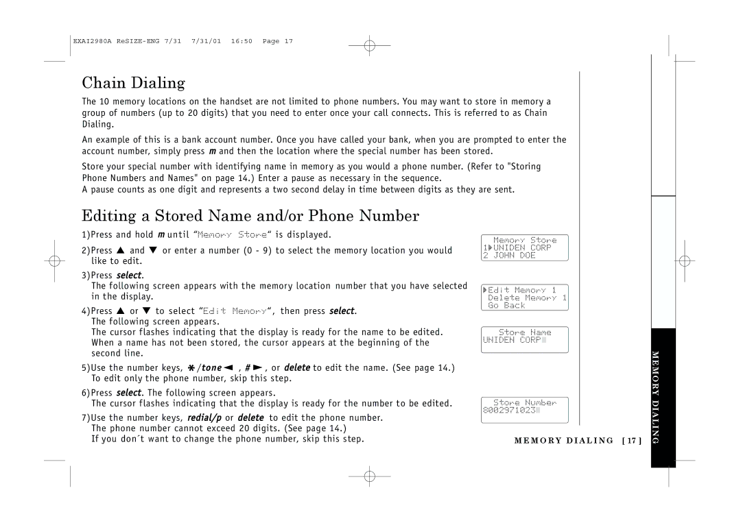 Uniden EXAI2980 owner manual Chain Dialing, Editing a Stored Name and/or Phone Number 