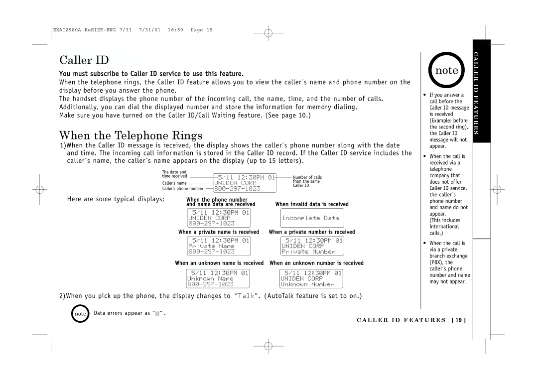 Uniden EXAI2980 owner manual Caller ID, When the Telephone Rings 