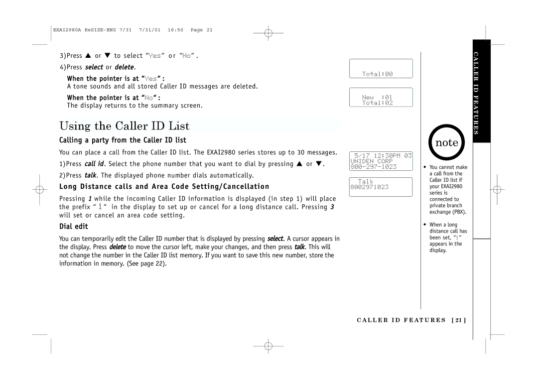 Uniden EXAI2980 owner manual Using the Caller ID List, Calling a party from the Caller ID list, Dial edit 