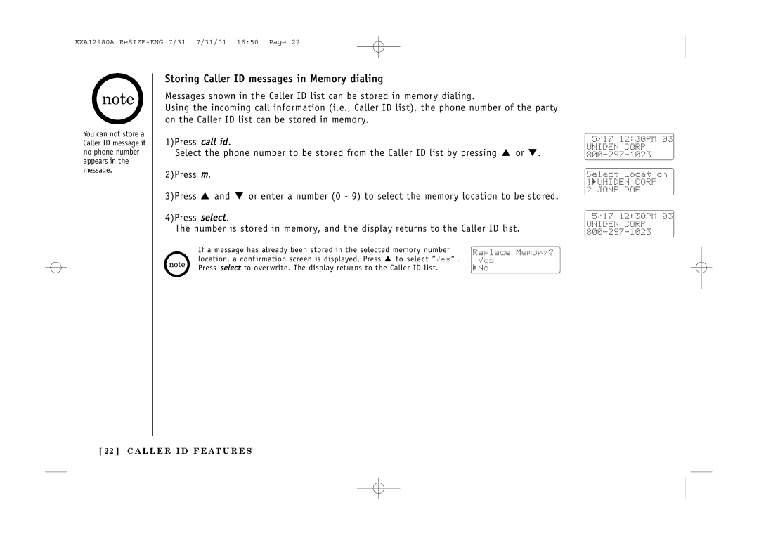 Uniden EXAI2980 owner manual Storing Caller ID messages in Memory dialing 