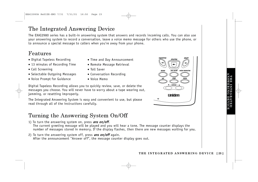 Uniden EXAI2980 owner manual Integrated Answering Device, Turning the Answering System On/Off 