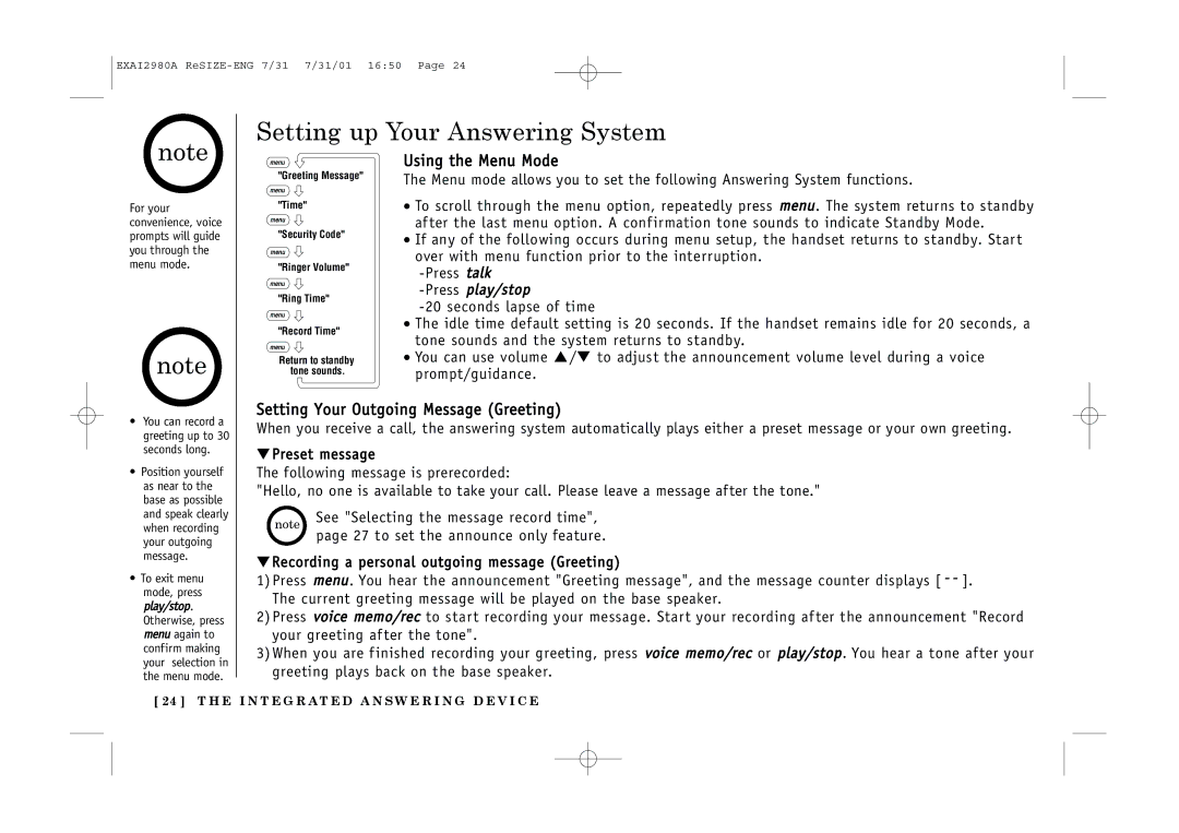 Uniden EXAI2980 owner manual Setting up Your Answering System, Using the Menu Mode, Setting Your Outgoing Message Greeting 