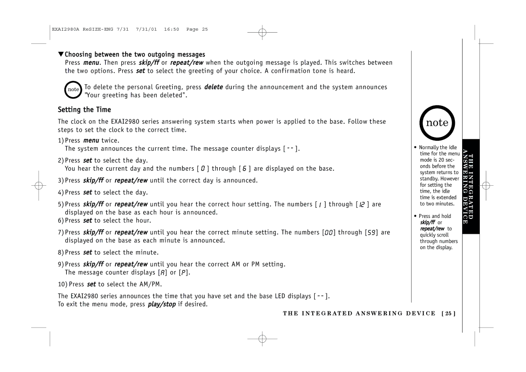 Uniden EXAI2980 owner manual Setting the Time 