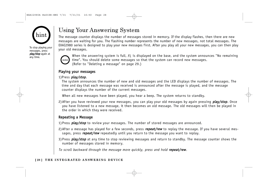 Uniden EXAI2980 owner manual Using Your Answering System, Playing your messages, Repeating a Message 